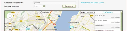 Le même localisateur avant sélection : carte de la région genevoise couverte de marqueurs de revendeurs.
