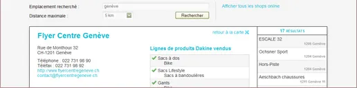 Fiche d'un revendeur : adresse, téléphone et site web à gauche, liste cochée des lignes de produits Dakine effectivement vendues à droite.
