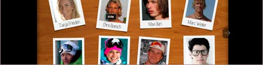 Page du team de riders : portraits polaroïd épinglés sur un fond bois, chacun légendé du nom du rider.